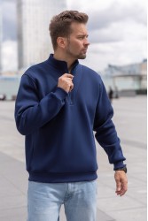Мужской темно-синий пуловер - свитшот с укороченной молнией теплый