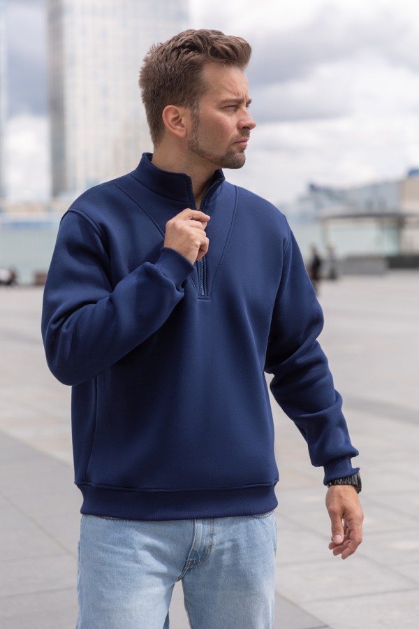  Dark blue Olympic sweatshirt Man с укороченной молнии  S-46-Unisex-(Мужской)    Мужской темно-синий пуловер - свитшот с укороченной молнией теплый 