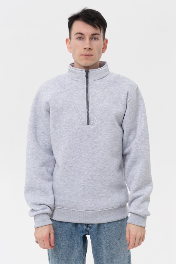  Gray Olympic sweatshirt Man с укороченной молнии  XS-44-Unisex-(Мужской)    Мужской серый пуловер - свитшот с укороченной молнией теплый 