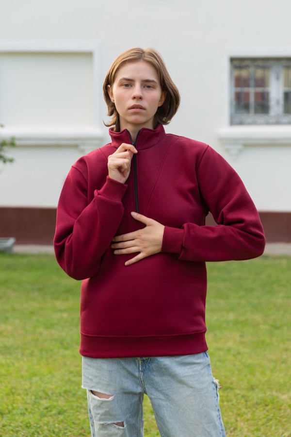  Bordo pullover woman  3XL-50-52-Woman-(Женский)    Женский бордовый пуловер - свитшот с укороченной молнией теплый 