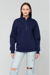 Женский темно-синий пуловер - свитшот с укороченной молнией теплый