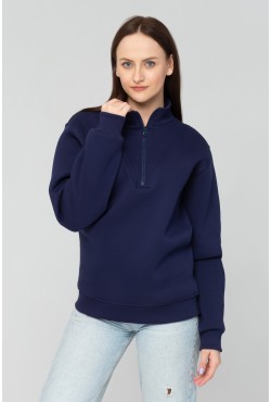 Женский темно-синий пуловер - свитшот с укороченной молнией теплый