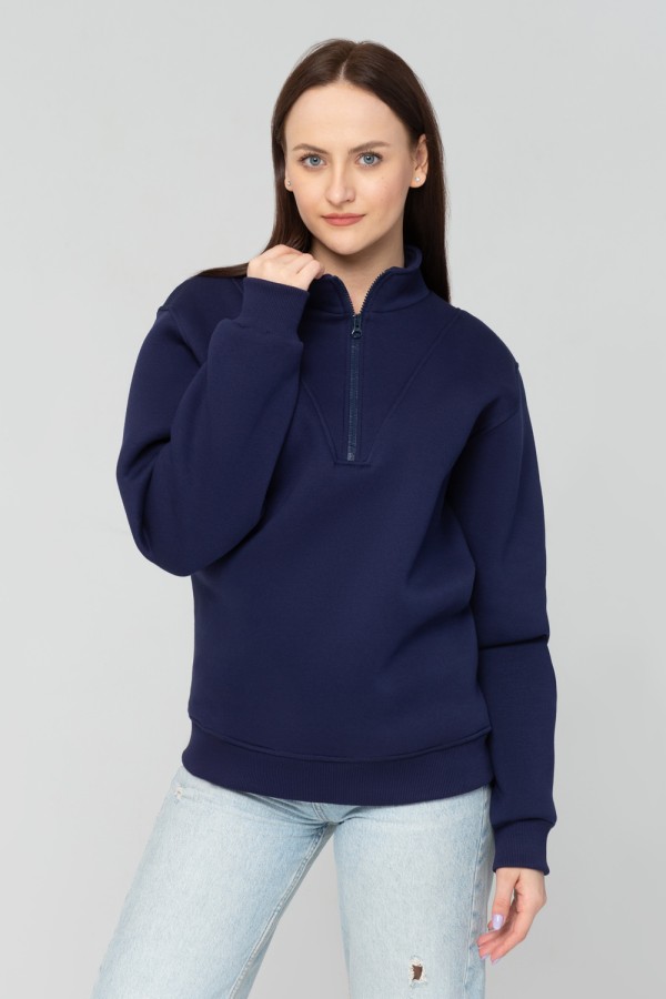 Женский темно-синий пуловер - свитшот с укороченной молнией теплый   Магазин Толстовок Пуловер премиум женский | Premium pullover woman