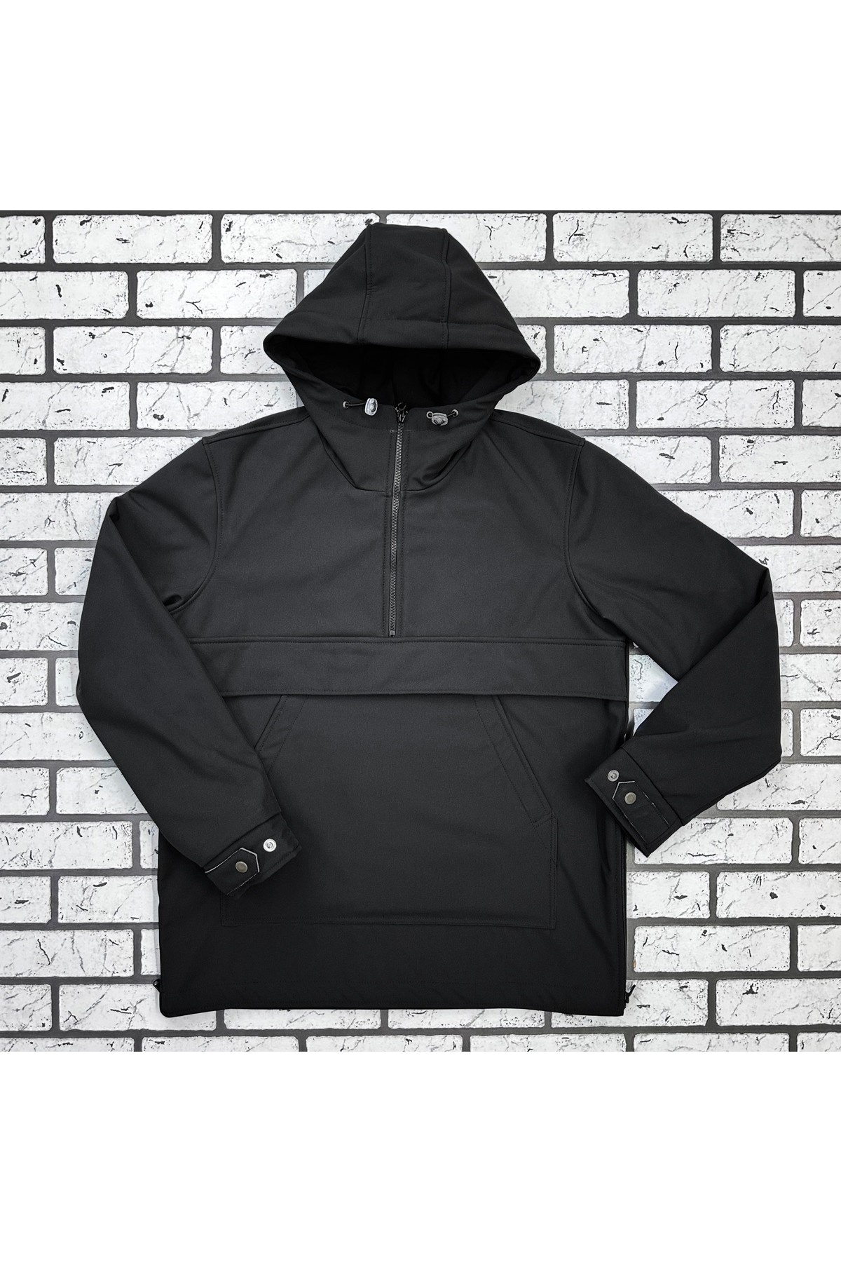 Куртка анорак мужская (unisex) водонепроницаемая из ткани softshell черная — фото 9