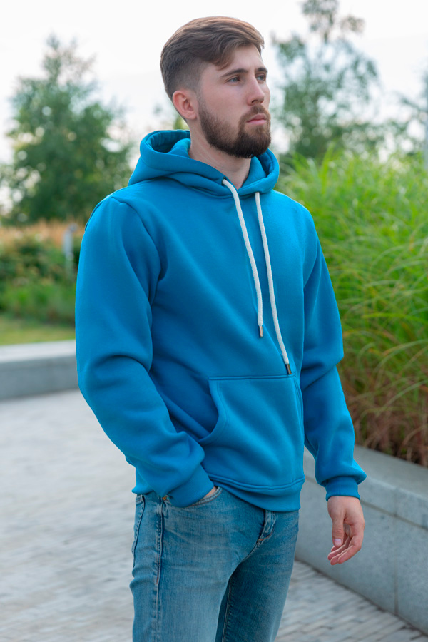  Turquoise color premium hoodie man M-48-Unisex-(Мужской)    Мужское худи Бирюзовое С КАПЮШОНОМ ПРЕМИУМ КАЧЕСТВА 340гр 