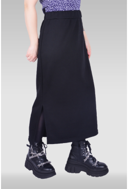 Юбка из футера длинная с разрезом однотонная черная