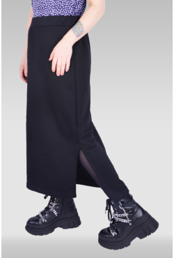 Юбка из футера длинная с разрезом однотонная черная