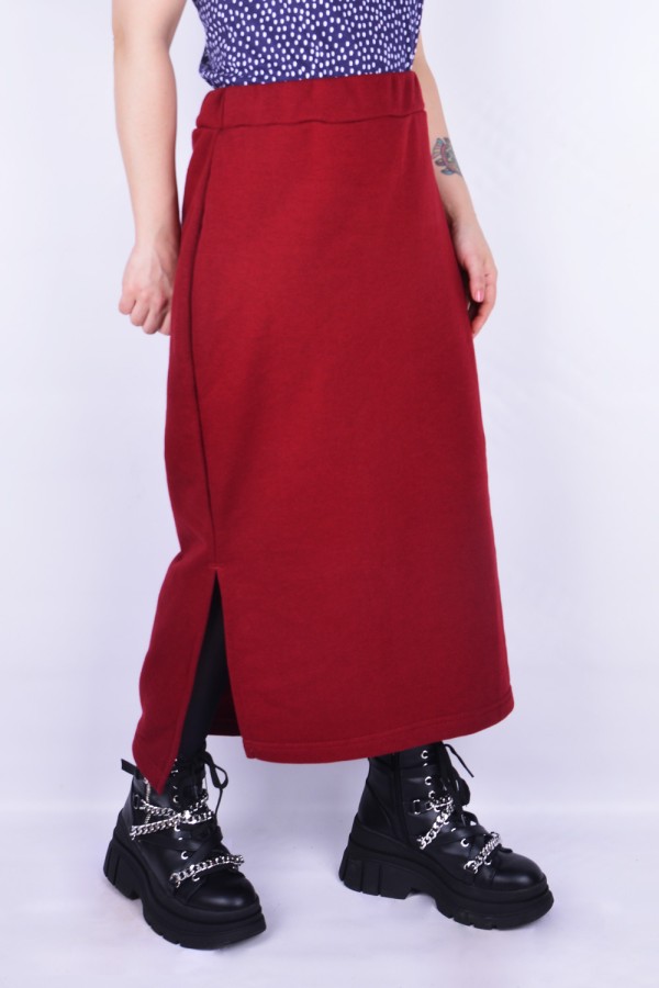 Юбка из футера длинная с разрезом однотонная бордовая Long footer skirt bordo S-40-42-Woman-(Женский) Юбка из футера длинная с разрезом однотонная бордовая