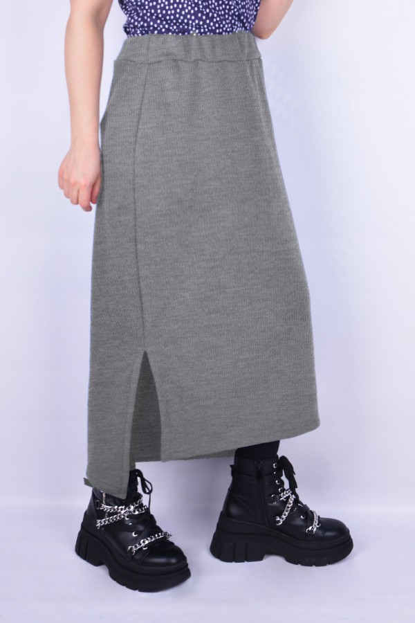 Юбка из футера длинная с разрезом однотонная серый-меланж Long footer skirt grey melange XS-38-40-Woman-(Женский) Юбка из футера длинная с разрезом однотонная серый-меланж