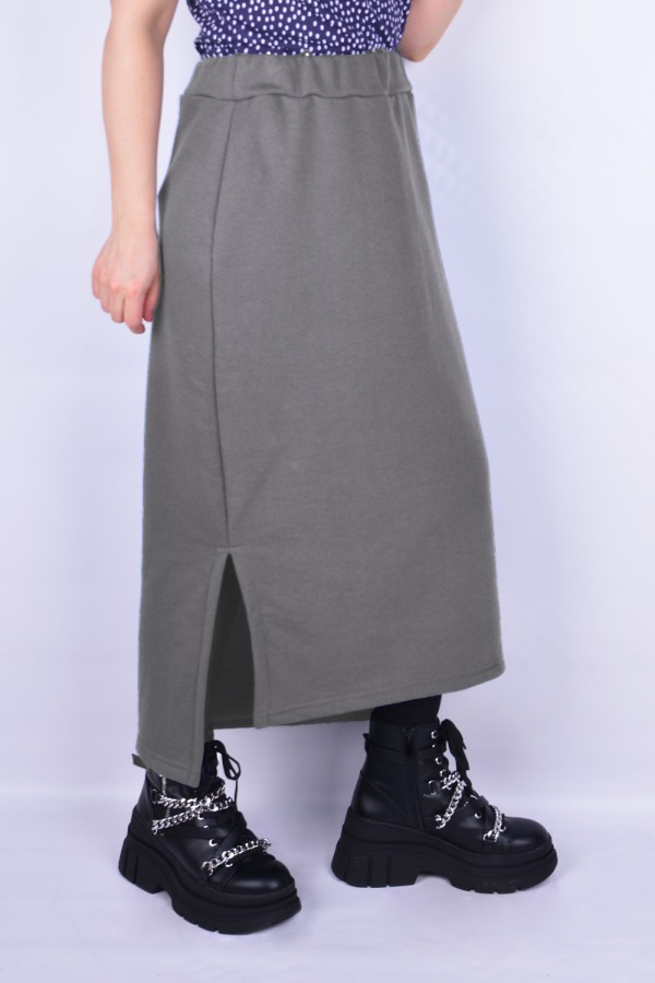 Юбка из футера длинная с разрезом однотонная серая Long footer skirt still gray XS-38-40-Woman-(Женский) Юбка из футера длинная с разрезом однотонная серая