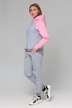 Женский спортивный костюм летний: серая худи реглан с розовым рукавом и серые брюки