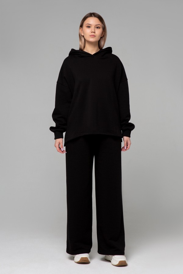  Costume OVERSIZE palazzo diagonal petlia color black M-42-44-Woman-(Женский)    Костюм оверсайз палаццо диагональ петля  черный: брюки и худи 