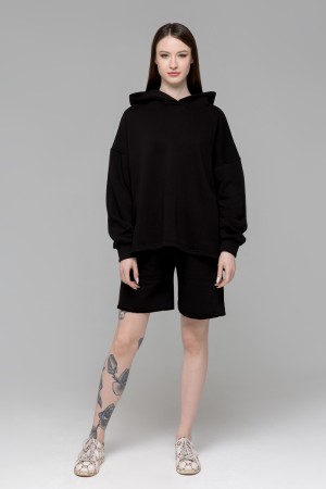 Летний костюм: худи и шорты с высокой талией диагональ черного цвета 