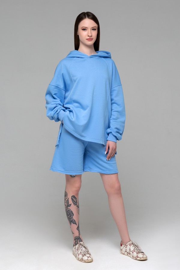 Summer suit with a hood and shorts in diagonal petlia blue 3XL-50-52-Woman-(Женский)    Летний костюм: худи и шорты с высокой талией диагональ голубого цвета  