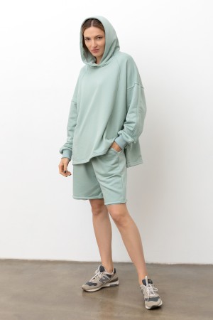 Летний костюм: худи и шорты с высокой талией диагональ цвета Ниагара (светло-зеленый)