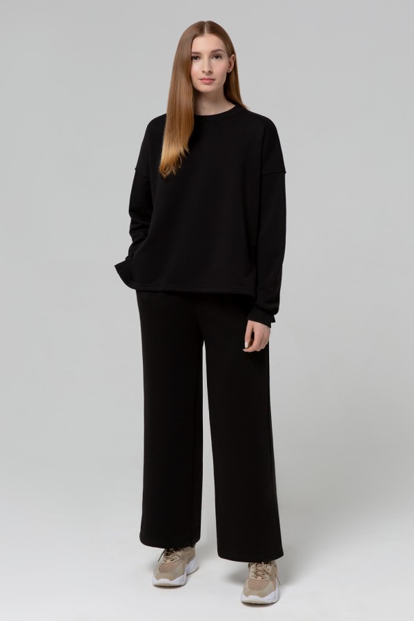  Summer suit: Sweatshirt and trousers PALAZZIO Black XL-46-48-Woman-(Женский)    Костюм оверсайз палаццо из плотного трикотажа черного цвета: брюки и свитшот 