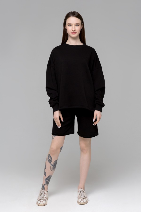  sweatshirt and shorts in diagonal petlia black L-44-46-Woman-(Женский)    Костюм оверсайз палаццо диагональ петля  черного цвета: шорты и свитшот 