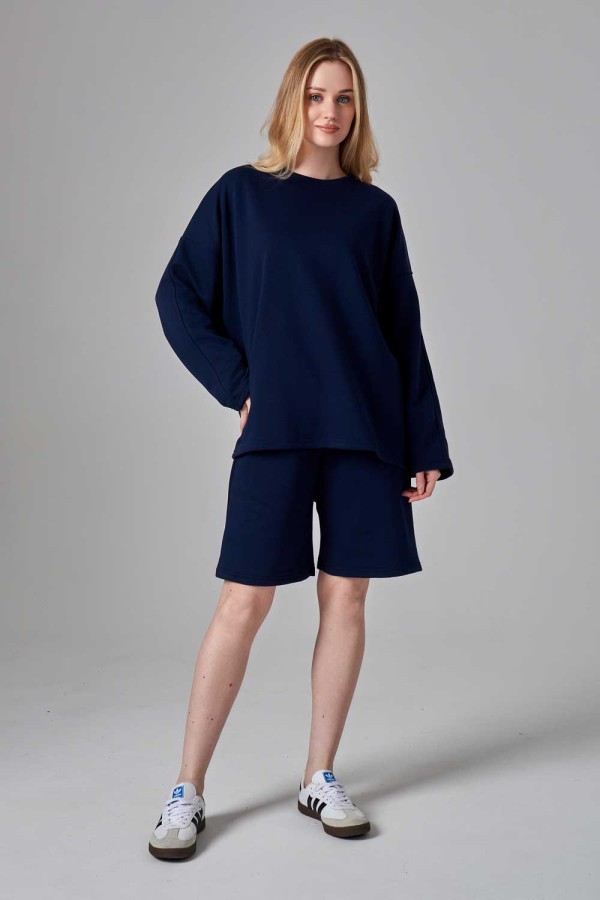  Sweatshirt and shorts suit ampir dark blue S-40-42-Woman-(Женский)    Костюм оверсайз трикотажный петельный темно-синий: шорты и свитшот 