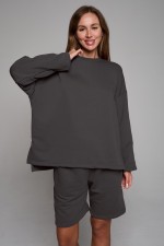  Sweatshirt and shorts suit ampir graphite S-40-42-Woman-(Женский)    Костюм оверсайз трикотажный петельный графитовый цвет: шорты и свитшот оверсайз 