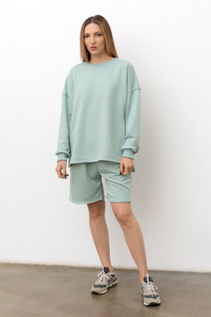 Костюм оверсайз трикотажный петельный цвета Ниагара (светло-зеленый): шорты и свитшот