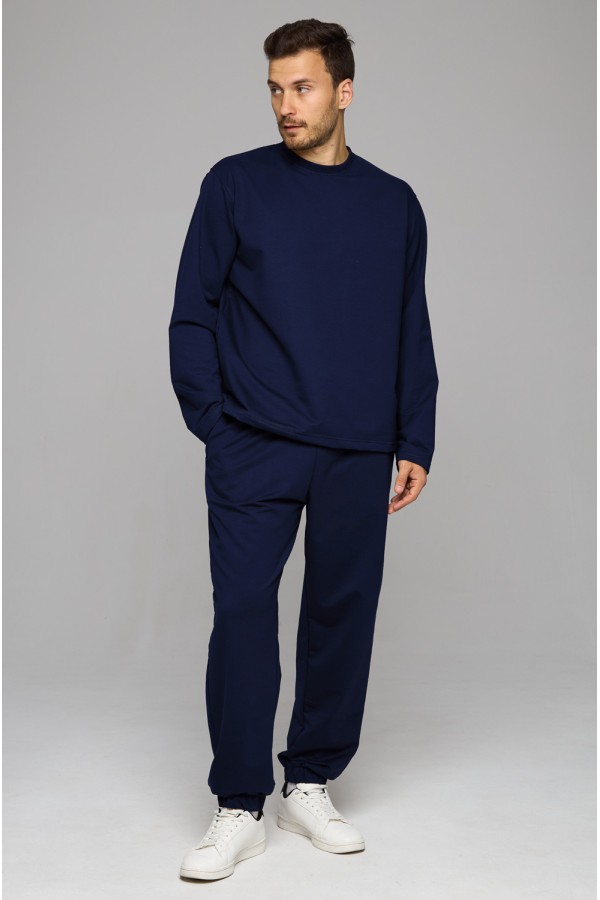  Summer suit joggers and longsleeve navy man S-46-Unisex-(Мужской)    Летний мужской спортивный костюм темно-синий: лонгслив и брюки джоггеры 