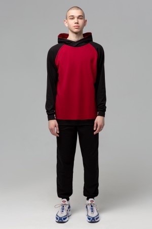 Мужской спортивный костюм летний: бордовая худи реглан с черным рукавом и черные брюки