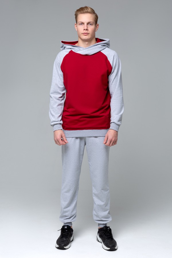  MAN gray-bordo reglan hoodie sport suit 220gr/m2 XS-44-Unisex-(Мужской)    Мужской спортивный костюм летний: бордовая толстовка реглан и серые брюки 