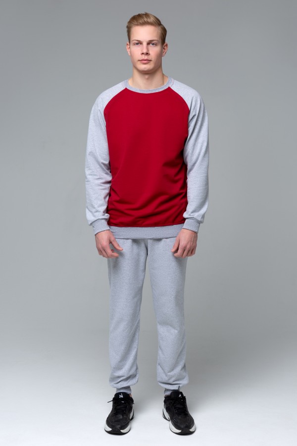  Sportsuit: sweatshirt sweatpans reglan gray-bordo thin fabric M-48-Unisex-(Мужской)    Мужской бордовый спортивный костюм летний: бордовый свитшот реглан и серые брюки 