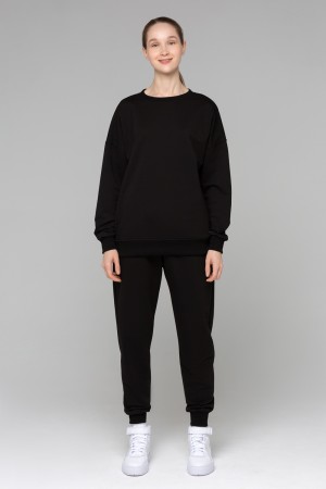 Летний женский спортивный костюм черный: свитшот с рукавом оверсайз и брюки джоггеры