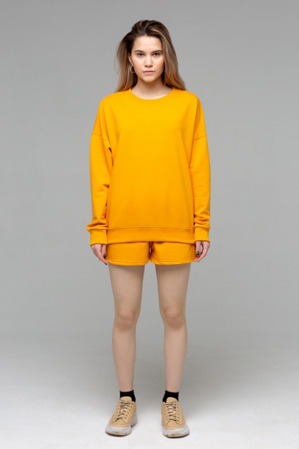  Summer suit SWEATSHIRT and shorts Mustard XL-46-48-Woman-(Женский)    Летний женский спортивный костюм горчичный: свитшот с рукавом оверсайз и шорты  