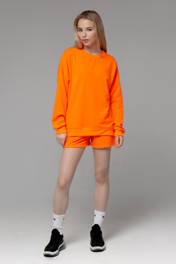  SUMMER SUIT SWEATSHIRT OVERSIZE AND SHORTS NEON ORANG 2XL-48-50-Woman-(Женский)    Летний женский спортивный костюм неоновый оранжевый: свитшот с рукавом оверсайз и шорты 