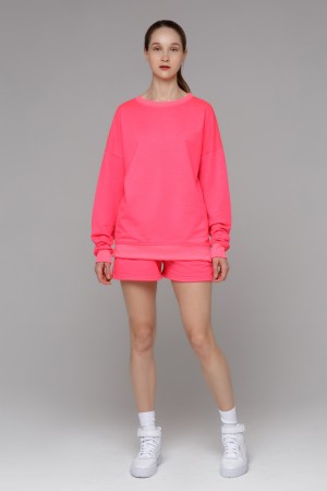 Летний женский спортивный костюм неоновый розовый: свитшот с рукавом оверсайз и шорты 