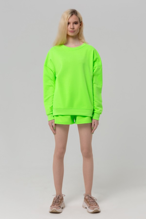 Летний женский спортивный костюм неоновый зеленый: свитшот с рукавом оверсайз и шорты    Магазин Толстовок Летние костюмы: тонкий свитшоты и шорты 