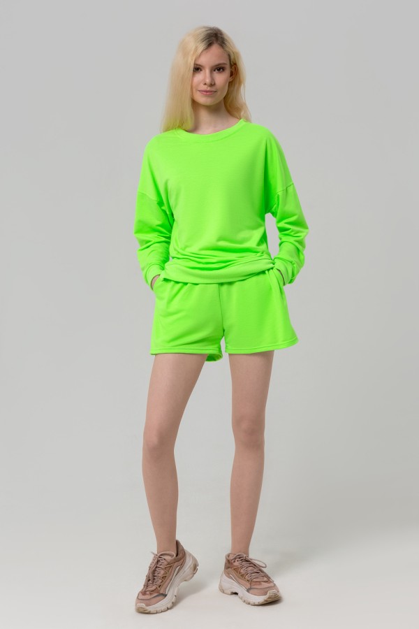  SUMMER SUIT SWEATSHIRT OVERSIZE AND SHORTS NEON GREEN 3XL-50-52-Woman-(Женский)    Летний женский спортивный костюм неоновый зеленый: свитшот с рукавом оверсайз и шорты  
