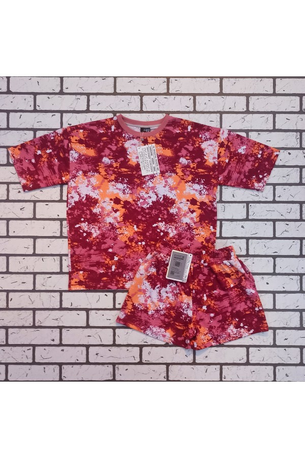 Летний яркий костюм: футболка оверсайз и шорты с высокой талией с принтом акварель   Магазин Толстовок Летний костюм: футболка оверсайз и шорты