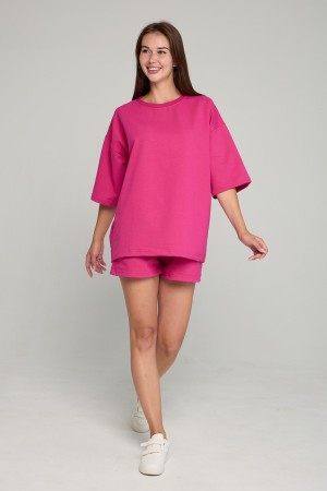Летний костюм: футболка оверсайз и шорты с высокой талией цвет фуксия (малиновый)