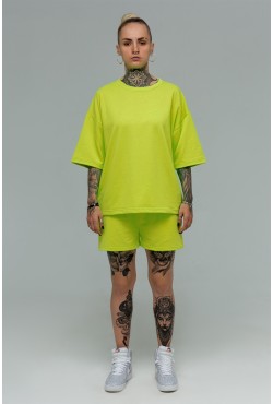 Летний костюм: футболка оверсайз и шорты с высокой талией салатовый (лайм)