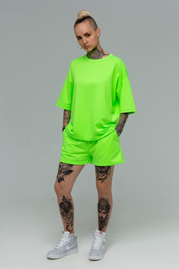  Summer suit t-shirt Neon Green S-40-42-Woman-(Женский)    Летний костюм: Футболка оверсайз и шорты с высокой талией НЕОН Зеленый 