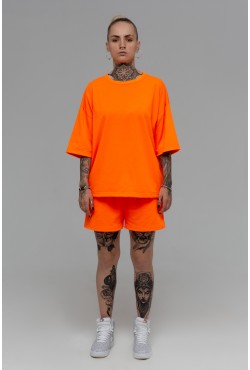 Летний костюм: Футболка оверсайз и шорты с высокой талией НЕОН Оранжевый