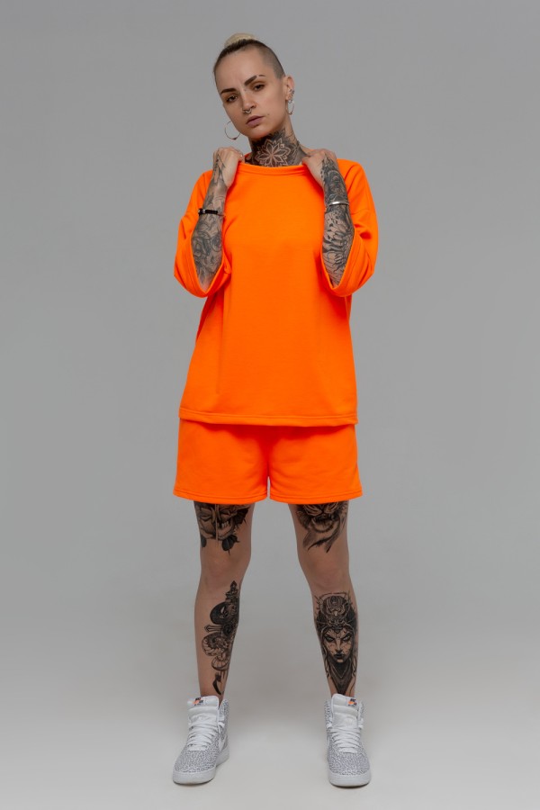 Летний костюм: Футболка оверсайз и шорты с высокой талией НЕОН Оранжевый   Магазин Толстовок Женские спортивные костюмы