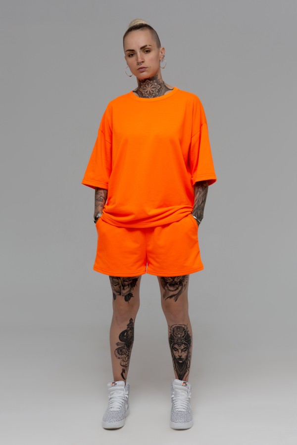  Summer suit t-shirt Neon orange S-40-42-Woman-(Женский)    Летний костюм: Футболка оверсайз и шорты с высокой талией НЕОН Оранжевый 