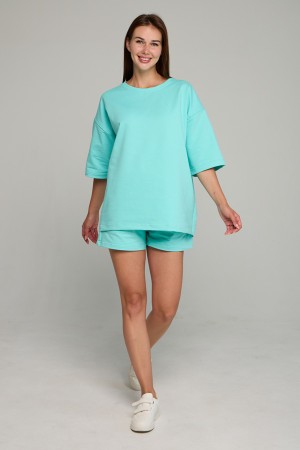 Летний костюм: футболка оверсайз и шорты с высокой талией цвет Тиффани (мятный)