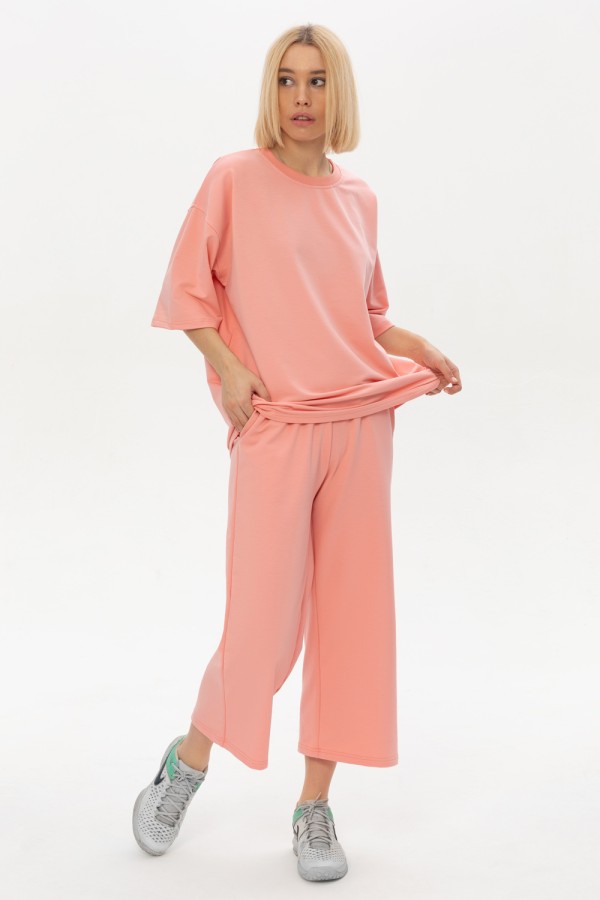  Woman Suit Culottes and T-Shirt Oversize Peachy M-42-44-Woman-(Женский)    Костюм с кюлотами и оверсайз футболкой персиковый розовый | Peachy Culottes suit woman 