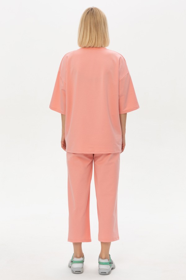 Костюм с кюлотами и оверсайз футболкой персиковый розовый | Peachy Culottes suit woman   Магазин Толстовок Летние женские костюмы: брюки кюлоты и футболка оверсайз 