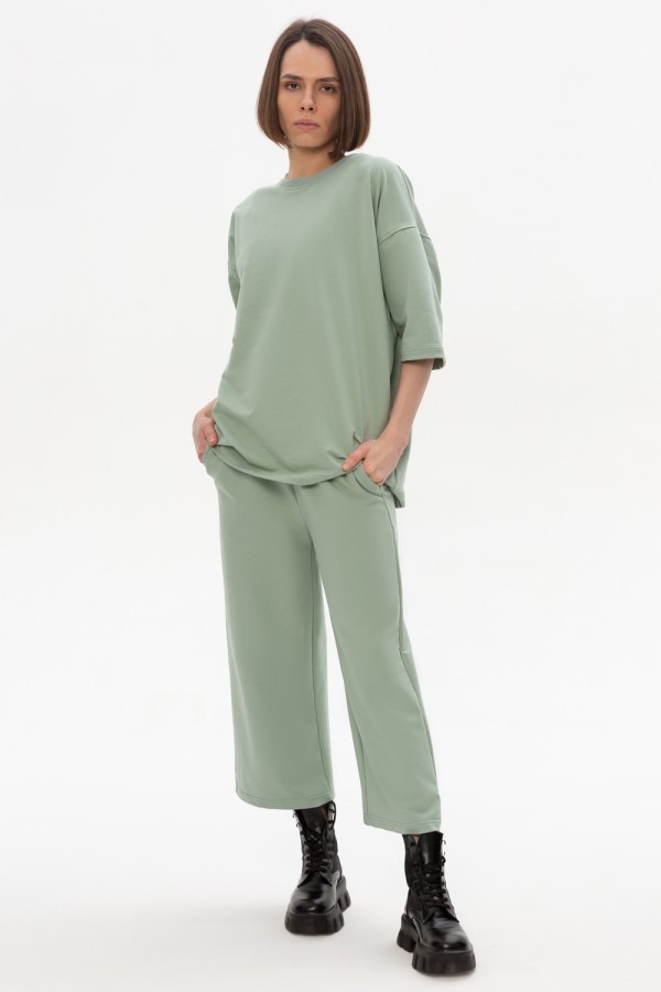  Salvia Culottes oversize shirt suit woman XS-38-40-Woman-(Женский)    Костюм с кюлотами и оверсайз футболкой шалфей (светло зеленый) | Salvia Culottes suit woman 