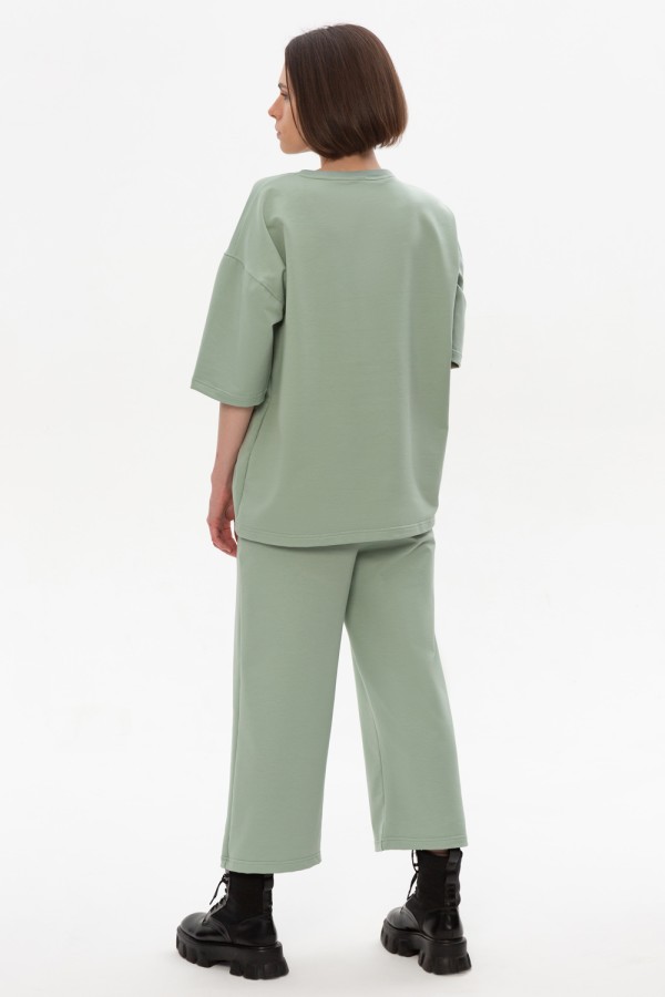 Костюм с кюлотами и оверсайз футболкой шалфей (светло зеленый) | Salvia Culottes suit woman   Магазин Толстовок Летние женские костюмы: брюки кюлоты и футболка оверсайз 