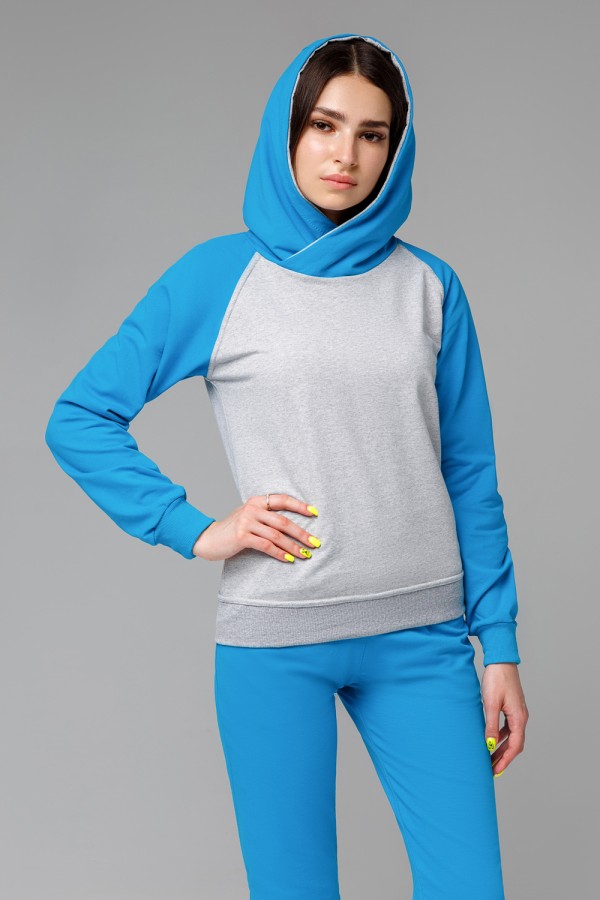  Sport Suit Summer Blue Grey Woman XL-46-48-Woman-(Женский)    Женский спортивный костюм: серая худи реглан с бирюзовым рукавом и бирюзовые брюки 