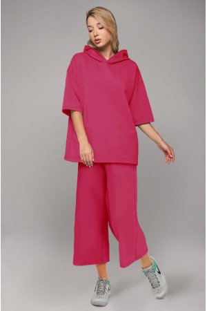 Летний костюм женский с кюлотами и футболкой с капюшоном Roxy неоновый розовый