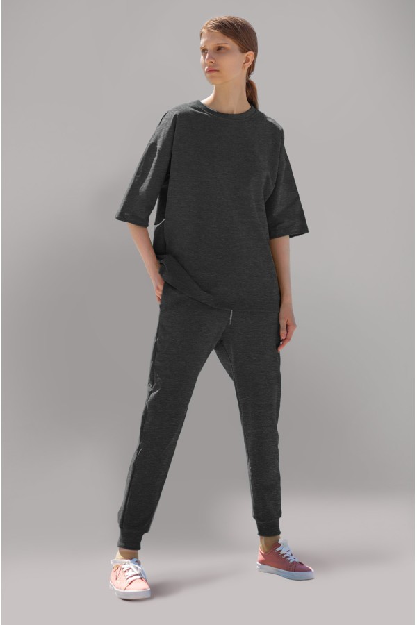  Anthracite t-shirt oversize and joggers woman suit 3XL-50-52-Woman-(Женский)    Женский летний костюм антрацтит (темно-серый меланж) оверсайз футболка и джоггеры 