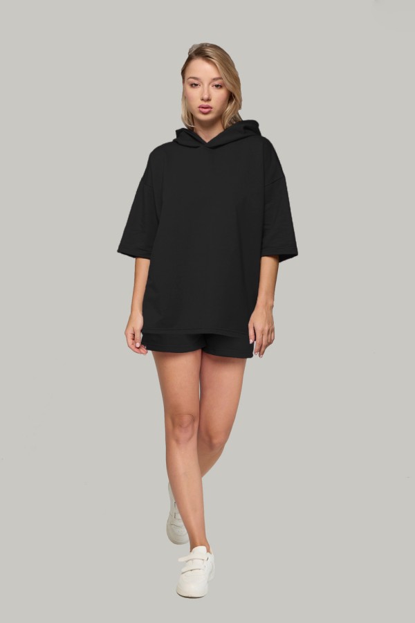 Летний костюм: футболка оверсайз с капюшоном и шорты с высокой талией черный Suit black T-short hooded and shorts L-44-46-Woman-(Женский) Летний костюм: футболка оверсайз с капюшоном и шорты с высокой талией черный